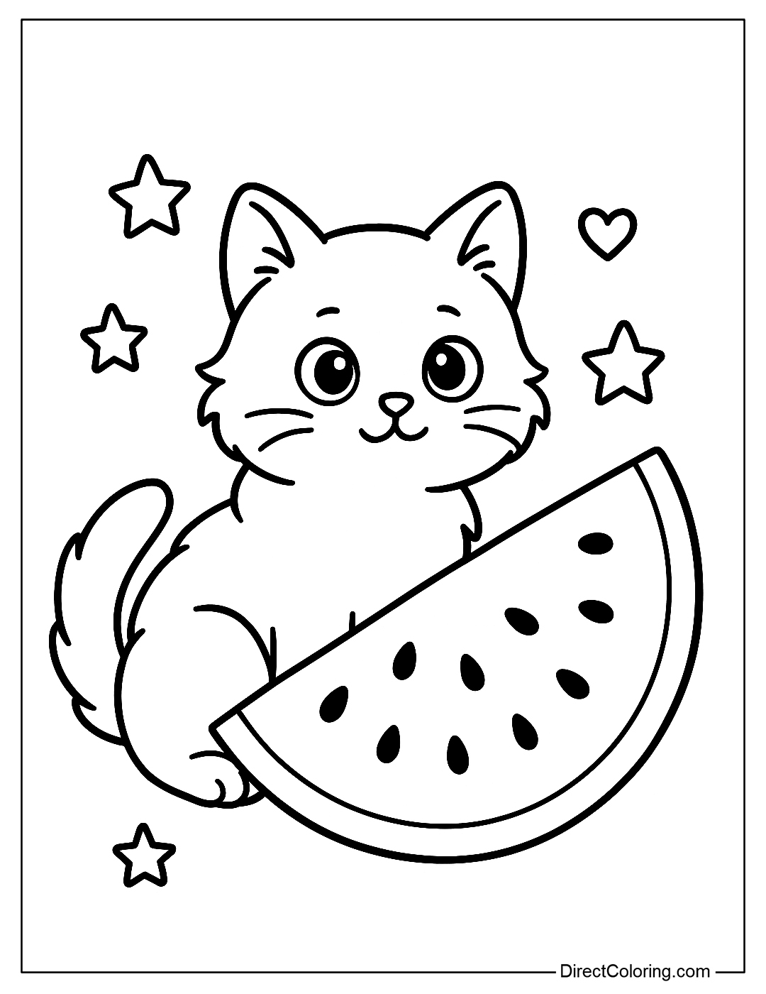 A cat color page sitting next to a large slice of watermelon with a few small stars around it.